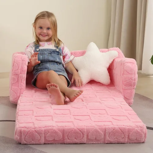 Miniatura 5 de MOMCAYWEX Sofá para bebé, 2 en 1, sofá suave para niños plegable con almohada de estrellas, sofá plegable para convertir en sofá cama, extra ancho