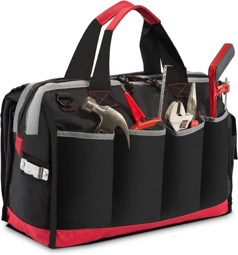 Miniatura 8 de Bolsa de herramientas de boca ancha con 25 bolsillos bolsa de almacenamiento de 16 pulgadas con correa de hombro ajustable negro/rojo
