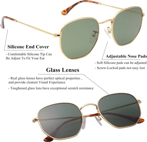 Miniatura 3 de Lentes de sol hexagonales con lente de cristal retro para hombres y mujeres, marco de metal cuadrado vintage, lentes planas, lentes de sol
