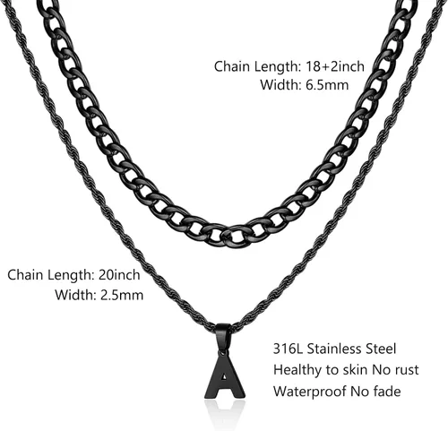 Miniatura 3 de SENRAN Collar con inicial en capas de la A a la Z para hombre, cadena de cuerda torcida de acero inoxidable de 18 a 20 pulgadas, dije de letra