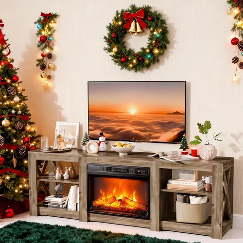Bonnlo Soporte de TV con chimenea para televisores de hasta 80 pulgadas, centro de entretenimiento rústico con calentador eléctrico y estantes Roble