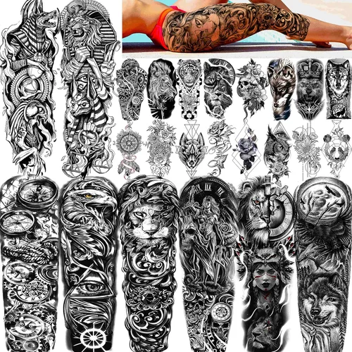 FANRUI 24 hojas de manga de tatuaje temporal de brazo completo súper grande para hombres con 8 hojas de tatuajes temporales de manga completa para