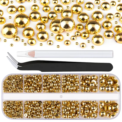 Miniatura 20 de Kit de 2700 perlas con parte trasera plana, 1 caja de color blanco con parte trasera plana + 1 caja de perlas pequeñas de color beige medio redondo
