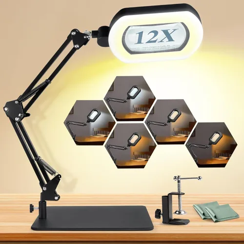 Miniatura 2 de Lupa cuadrada de 12X con luz y soporte con 144 LED de brillo, 5 modos de color, lupa iluminada manos libres, 10 brillo regulable, lámpara
