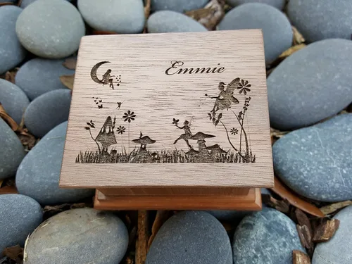Personalized wooden music box with a fairy garden engraved on the top along with a name, perfect gift for birthdays, baby sisters or christmas,