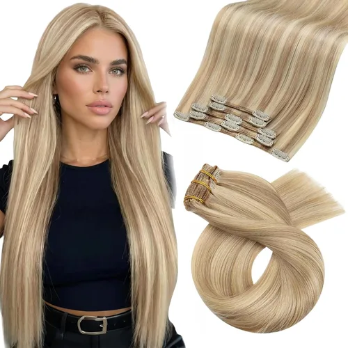 Miniatura 60 de Moresoo Extensiones de cabello humano Remy con clip, color rubio platino, extensiones de cabello humano real de doble trama, color rubio #60, 18