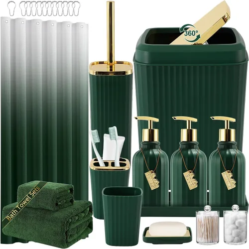 Miniatura 54 de 21PCS Bathroom Sets with Shower Curtain and Rugs Bathroom Accessories Set Beige Bathroom Set Complete with Trash Can, Toilet Brush, Qtip Holder &