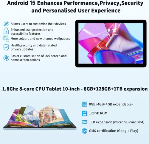 Miniatura 4 de Tablet Android 15, tabletas 2 en 1 de 10 pulgadas con funda para teclado y lápiz capacitivo, procesador Octa-Core de 128 GB, Wi-Fi 6 5G, pantalla HD