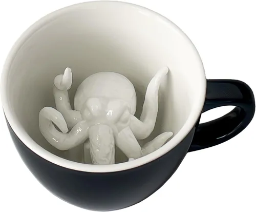 Miniatura 5 de Creature Cups - Taza de cerámica CTHULHU (11 onzas, exterior negro) - Tazas espeluznantes - Taza de animal 3D oculto en el interior que emerge