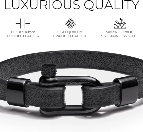 Miniatura 3 de Elegatto Morelle Pulsera de cuero premium para hombre Piel de grano entero color negro con cierre de grillete de acero inoxidable pulido