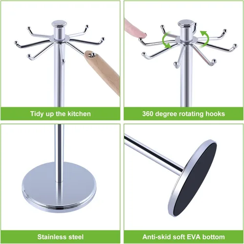 Miniatura 5 de Soporte para utensilios de cocina de acero inoxidable giratorio con 8 ganchos giratorios, organizador colgante para cuchara, espátula, cucharón