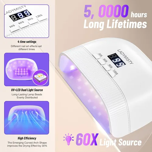 Miniatura 3 de LadyMisty Lámpara de uñas UV, secado rápido, luz UV para uñas de gel con 30 cuentas de lámpara dual, 4 temporizadores, pantalla LCD, luz LED de bajo
