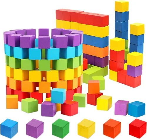 Coobbar Bloques de madera, paquete de 200 cubos cuadrados de madera para manualidades, bloques de madera, bloques de construcción, rompecabezas