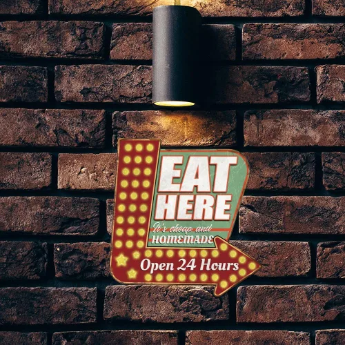 Miniatura 7 de SUPERDANT Letreros de metal con texto en inglés «Eat Here» «Eat Here», letrero de metal abierto las 24 horas, letrero de flecha de comida que apunta