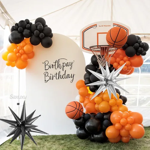 Miniatura 6 de Kit de arco de globos de baloncesto, kit de guirnalda de globos negros y naranjas, globos de estrella plateada de papel aluminio para baloncesto