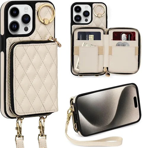 Miniatura 11 de Funda tipo cartera para iPhone 15 de 6.1 pulgadas, bolso cruzado con cremallera y correa para la muñeca con cordón para mujer, tarjetero con bloqueo