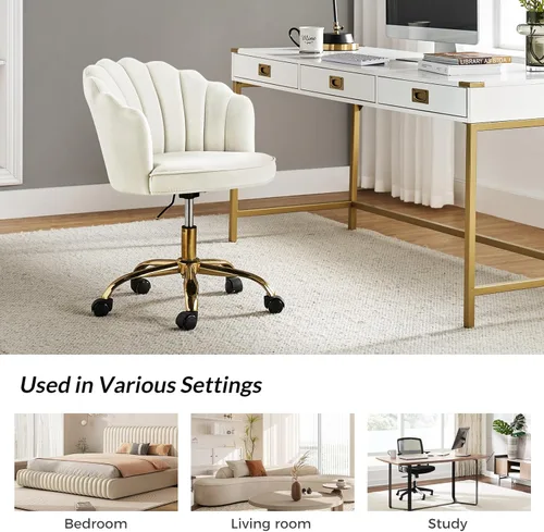 Miniatura 6 de HULALA HOME Silla de escritorio de terciopelo para oficina en casa con base dorada, silla giratoria ajustable para tocador, diseño moderno y bonito