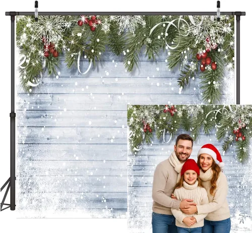 Miniatura 7 de Telón de fondo de Navidad de invierno de 7 x 5 pies, copo de nieve y rama de pino, fondo de pared de madera, escena de nieve blanca para fiesta