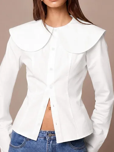Miniatura 2 de Camisa de manga larga con botones para mujer, elegante blusa con cuello redondo y cintura ceñida, casual y para la oficina