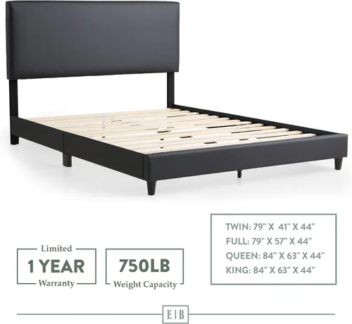 Miniatura 6 de Edenbrook Cama de plataforma con cabecero, no necesita somier, base de cama tapizada de piel sintética, perfil bajo, fácil montaje, color negro