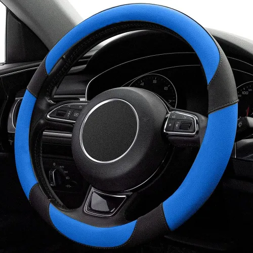 Miniatura 3 de Funda universal para volante de piel de microfibra negra y azul, de 15 pulgadas para automóvil, camión, SUV, transpirable, antideslizante y sin olor
