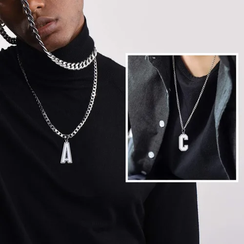 Miniatura 9 de GoldChic - Collar con letra inicial para hombre, de acero inoxidable, collar de iniciales grandes para deportistas y atletas, colgante del alfabeto