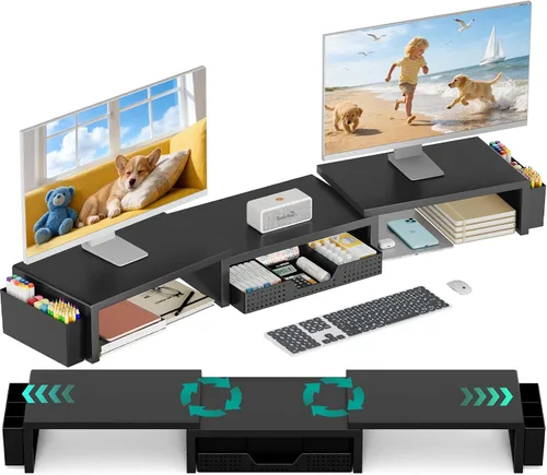 OPNICE Soporte elevador de monitor doble con cajón y 2 soportes para bolígrafos, organizador de escritorio para suministros de oficina, soporte de