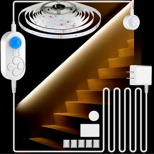 Miniatura 10 de Luces de Escalera con Doble Sensor para Interiores, Tira de Luz para Escalones Activada por Movimiento Enchufable para Interiores con Atenuador