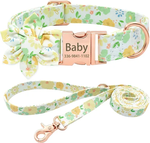 Miniatura 13 de Collar de perro con bonito lazo personalizado con nombre, collar floral personalizado con hebilla dorada grabada para perras pequeñas, medianas