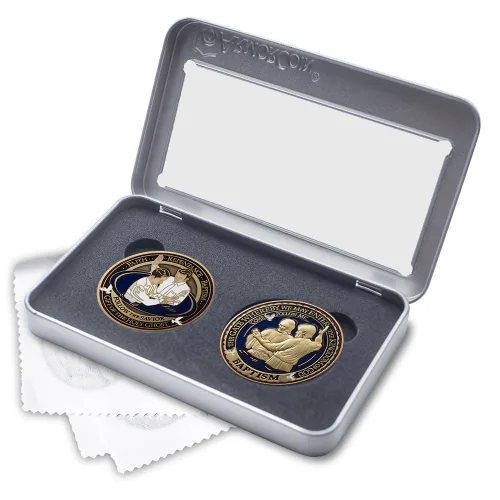 Miniatura 2 de Armor Coin & Emblem - Baptism LDS Challenge Coins Deluxe Display - Juego de 2 monedas de desafío con paño de pulido adicional
