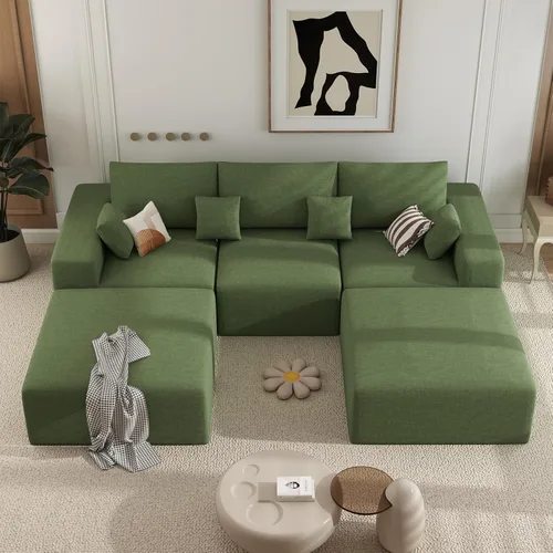 Miniatura 11 de Sofá cama seccional modular de 113", sofás de nube convertibles para sala de estar con otomana, juego de sofá cama de pana sin estructura de 6 Gris
