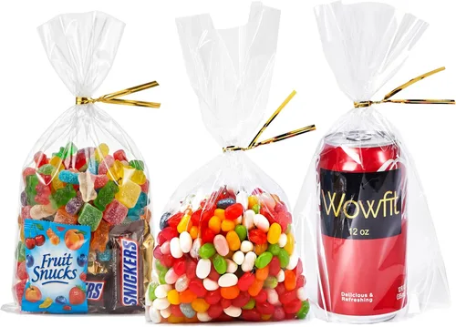 Wowfit 50 unidades de 6x9 pulgadas Bolsas de celofán transparentes con fondo acolchado con lazos dorados de 6", embalaje de celofán para envolver