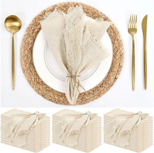 Miniatura 16 de Paquete de 12 servilletas de lino y algodón beige de 16 x 16 pulgadas, hechas a mano con flecos, servilletas de tela suave, lavables y rústicas