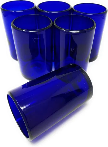 Miniatura 3 de Vasos mexicanos soplados a mano, juego de 6 vasos de agua de cobalto (14 onzas cada uno)