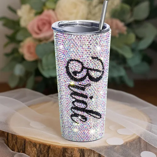 Miniatura 6 de Vesici Vaso de novia con diamantes brillantes de 20 onzas, taza de novia aislada con popote y tapa, regalos de boda para fiesta de compromiso
