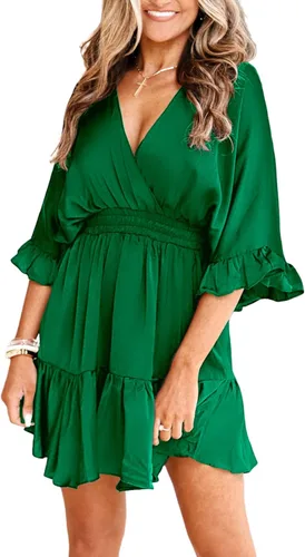 Miniatura 2 de Aoysky Vestidos casuales con cuello en V para mujer, de verano, holgado, cintura alta, volantes, plisado, lindo vestido corto