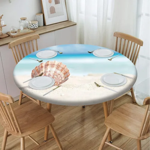 Miniatura 53 de Mantel con patrón de playa, borde elástico, impermeable, lavable, para uso en interiores y exteriores, patio, turquesa aguamarina, para mesas