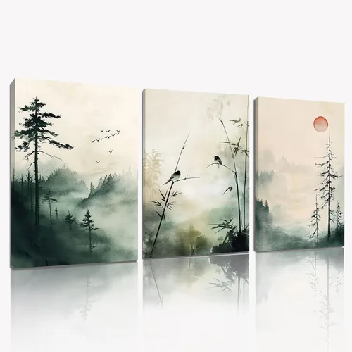 Miniatura 7 de Sutanun Lienzo de paisaje abstracto japonés para pared, impresión de bosque brumoso verde de tres paneles con pájaros y árboles, arte minimalista