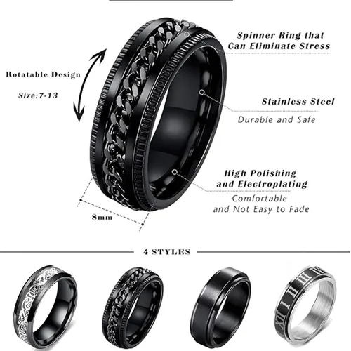 Miniatura 4 de HUXICUI 4-Pcs Wedding Band Ring Set for Men Womens Fidget Spinner Rings for Anxiety Stress Relief Black Engagement Ring Set