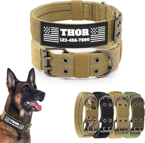 Miniatura 10 de Collar táctico personalizado para perro con parches de nombre y número de teléfono - Collar resistente personalizado con hebilla de cinturón