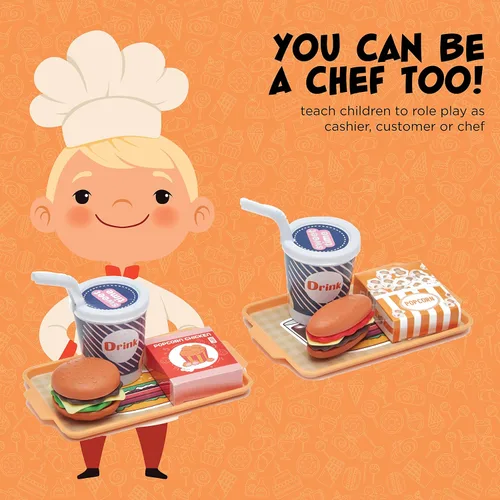 Miniatura 6 de Juego de hamburguesas con menú de juguete, juego de cocina para niños, soporte retro para comedor para niños, juego de cocina para niños pequeños