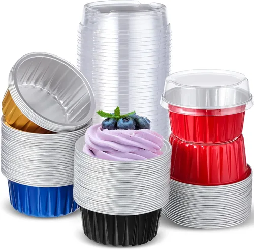 Miniatura 9 de 200 tazas de papel de aluminio para hornear cupcakes de 4.2 onzas, moldes desechables para cupcakes, moldes de postre con tapas, mini recipientes
