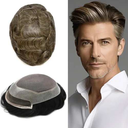 Miniatura 19 de Pieza de pelo de tupé para hombre, cabello humano real, frontal, línea capilar natural, sistema de reemplazo para hombres, unidades de cabello