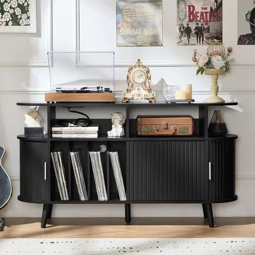 Miniatura 12 de LELELINKY - Soporte grande redondo para tocadiscos con estación de carga y estante de exhibición acanalado, gabinete para tocadiscos color negro
