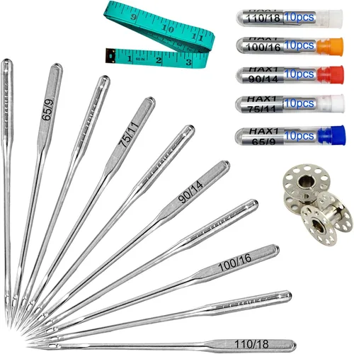 50 agujas universales para máquina de coser HAX1 (65/9, 75/11, 90/14, 100/16 y resistentes 110/18) ideales para varias telas, compatibles con