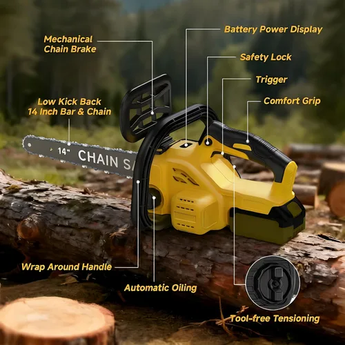 Miniatura 7 de Motosierra eléctrica sin escobillas de 14 pulgadas, motosierra inalámbrica a batería compatible con batería Dewalt de 20 V con pantalla LCD
