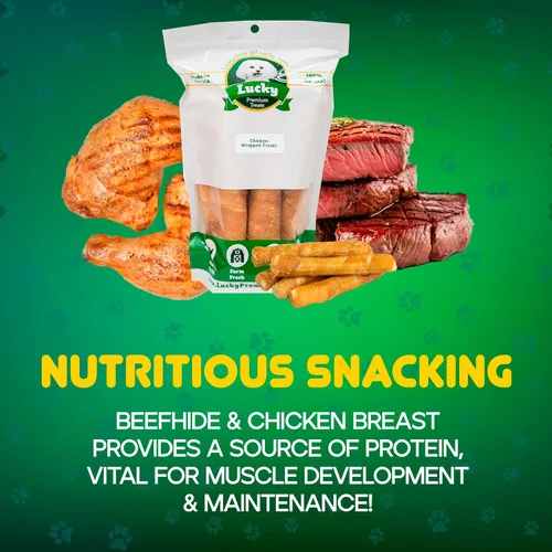 Miniatura 5 de Lucky Premium Treats Golosinas envueltas en pollo para perros, Bull Stick, piel cruda hecha en Estados Unidos para perros extra grandes, golosinas