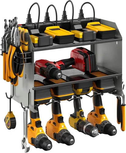 Miniatura 16 de CCCEI Organizador modular de herramientas eléctricas para montaje en pared con estación de carga. Estante de almacenamiento de taladros de garaje