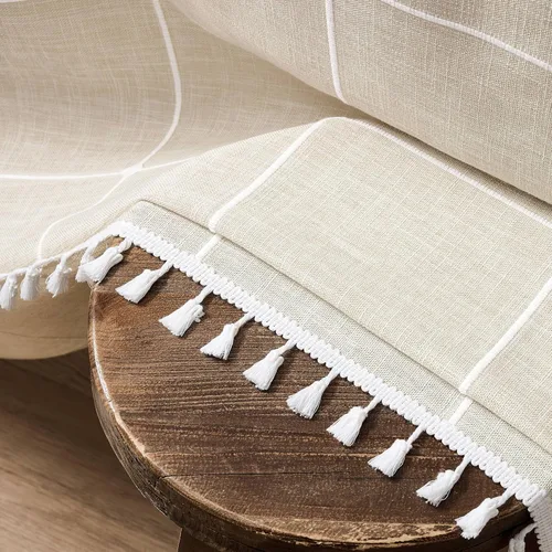 Miniatura 37 de ZeeMart - Mantel de mesa con diseño de cuadrícula boho y borlas (blanco roto, 132 cm x 132 cm), mantel de gran peso de lino a cuadros bordado