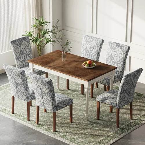 Miniatura 11 de Juego de 2 sillas de comedor de granja, respaldo alto con patas de madera y ribete de cabeza de clavo, silla de comedor de tela moderna